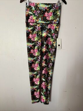 Emily Hsu Designs Black Leggings with Pink and Green Floral Print